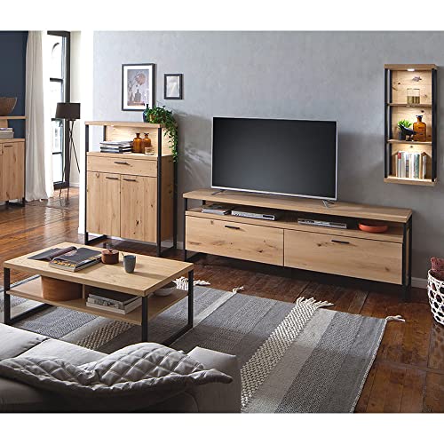 Lomadox Wohnwand Set mit Couchtisch in Eiche Bianco geölt, mit LED Beleuchtung