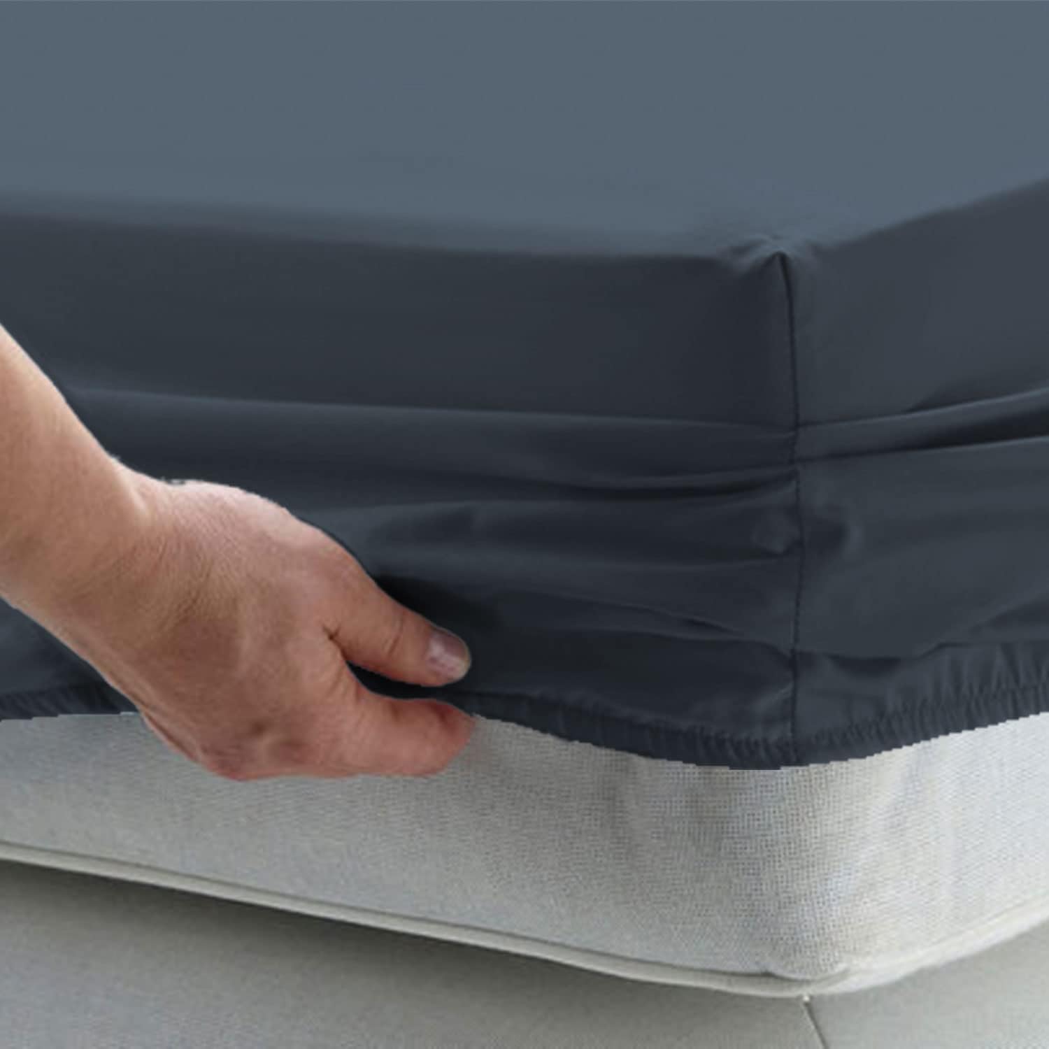 Pizuna Luxurious Cotton Single Bed Fitted Sheet Dark Blue, 1000 Thread Count 100% Long Staple Cotton Single Fitted Sheet 90x200 cm, Sateen Weave Thick Fitted Sheet Extra Deep 40 cm Fit - 1 PC