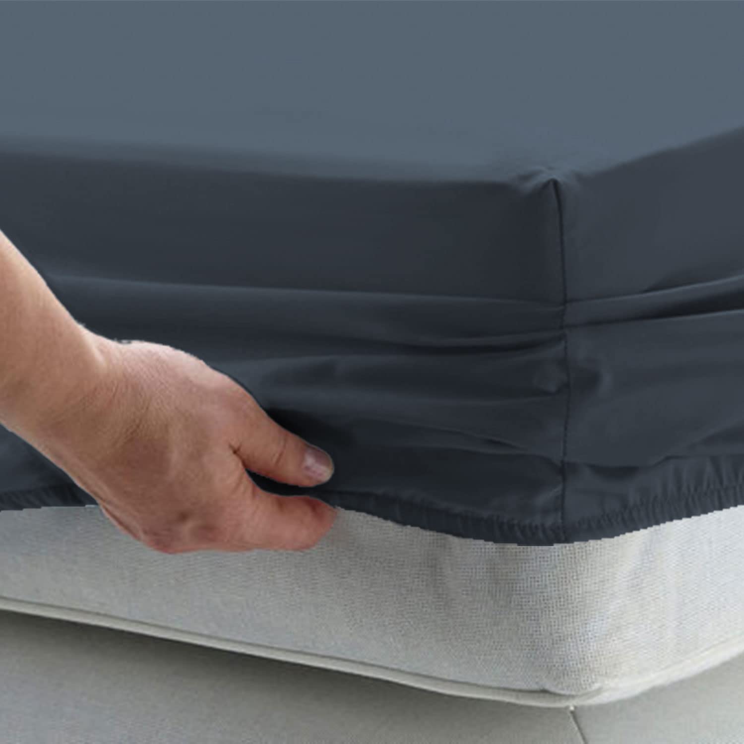 Pizuna Luxurious Cotton Single Bed Fitted Sheet Dark Blue, 1000 Thread Count 100% Long Staple Cotton Single Fitted Sheet 90x200 cm, Sateen Weave Thick Fitted Sheet Extra Deep 40 cm Fit - 1 PC