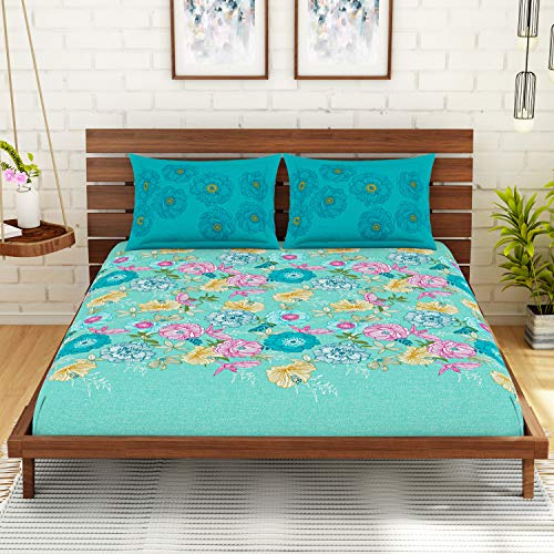 Image of Spaces Atrium 144 TC 100% Cotton King Size Double Bedsheet with 2 Pillow Covers (Floral, 88 inch X 108 inch Inches) - Strawberry