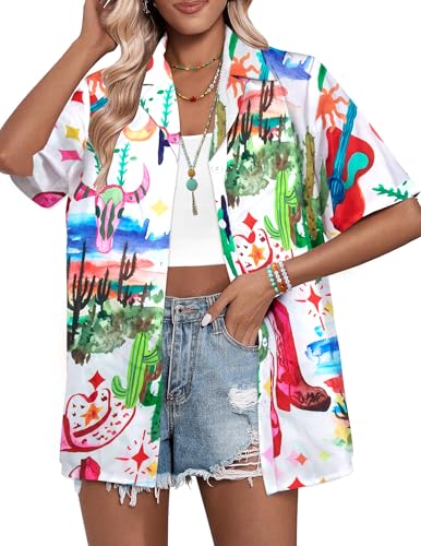 MYHALF Camisas con botones occidentales para mujer, estilo retro, vaquera, estilo bohemio, rodeo, vaca, calavera, gráfico, trajes de concierto campestre, Verde, XXL