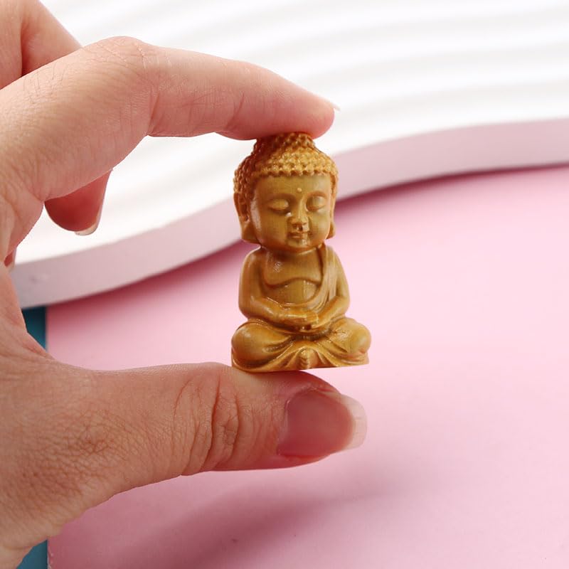 Estatua de Buda pequeña de madera tallada, 2 piezas miniatura 4