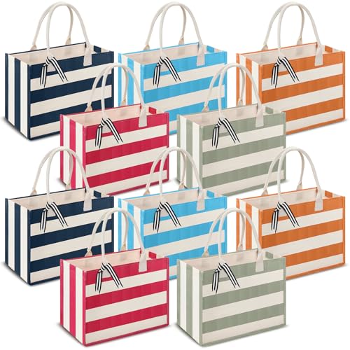 10 Pcs Canvas Tote Bags Bulk for Women Canvas 17 x 12 x 8 Inch Waterproof Stripe Sandproof Large Beach Tote Bags with Handle for Wedding Bridesmaid Birthday Summer