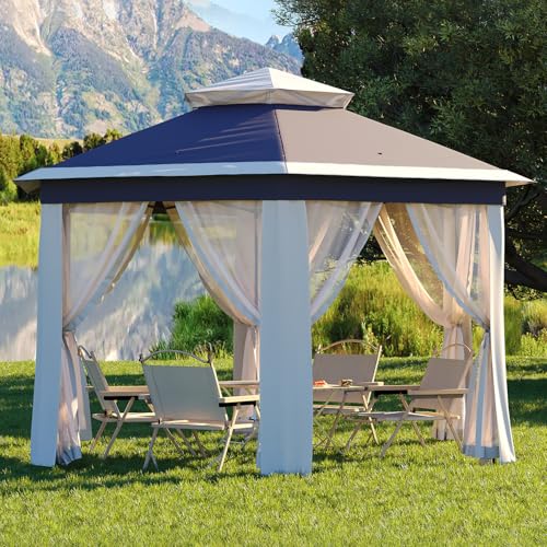 Garvee 13x13FT Pop Up Gazebo Screen Tent,Hexagonal Instant Gazebo Tent with Mosquito Netting Outdoor Canopy,6 Sided Sun Shelter with Mesh Netting,Pavilion Tents for Patio,Blue+Beige