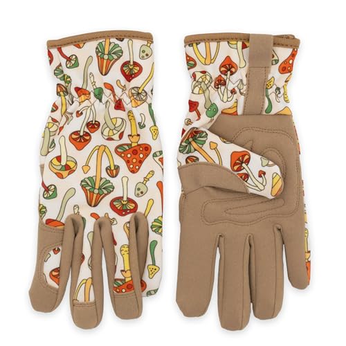 Robert Frederick Gardening Gloves - Women's One Size - Retro Mushroom Design - Padded with Elastic Cuffs, Multicoloured - Image 3
