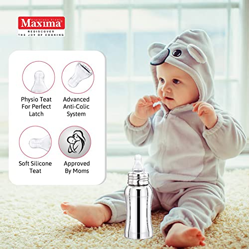 Image of Maxima Amulya Stainless Steel Baby Feeding Bottle (300 ML) - Safe Transition from Infant to Sipper | Nipple Bottles | Milk Drinking Bottle | Travel-Friendly Design | Ideal for Newborns and Toddlers