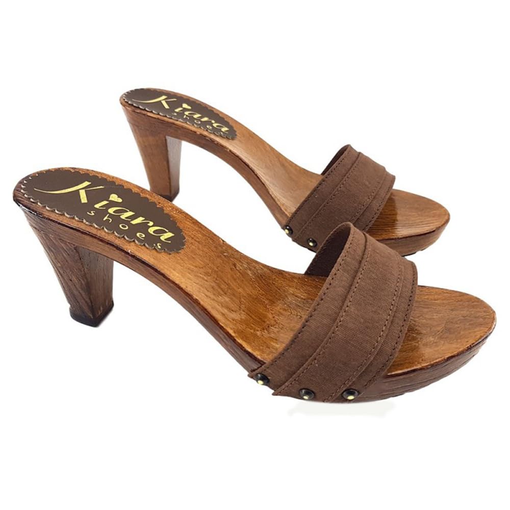 Kiara Shoes Zoccolo Donna con Tomaia in Tessuto Marrone Tacco 8 cm - Made in Italy - K5101 Marrone