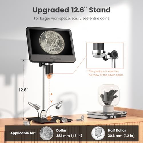 JL210 10.1” Digital Microscope, Soldering Microscope, Coin Microscopes Full View for Error Coins, 1080P Electronics Microscopes Camera, Biological Slides Kit, 12.6″ Stand, 32GB