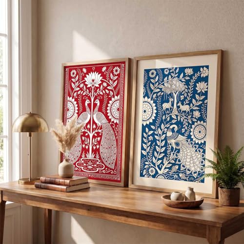 Image of kotart Decorative Traditional Wall Art Home Decor Madhubani Painting poster With Frame For Living Room Bed Room Hotel Wall Decor Digital Reprint Set of 2 (10X13 INCH)