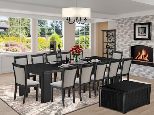 Image of X12MZ-0C6-06 - 14-piece Dining Room Table Set a Rectangular Kitchen Table with a coffee Table and 12 Shitake Linen Fabric kitchen Chair, 39x120 Inch, Wire Brushed Black