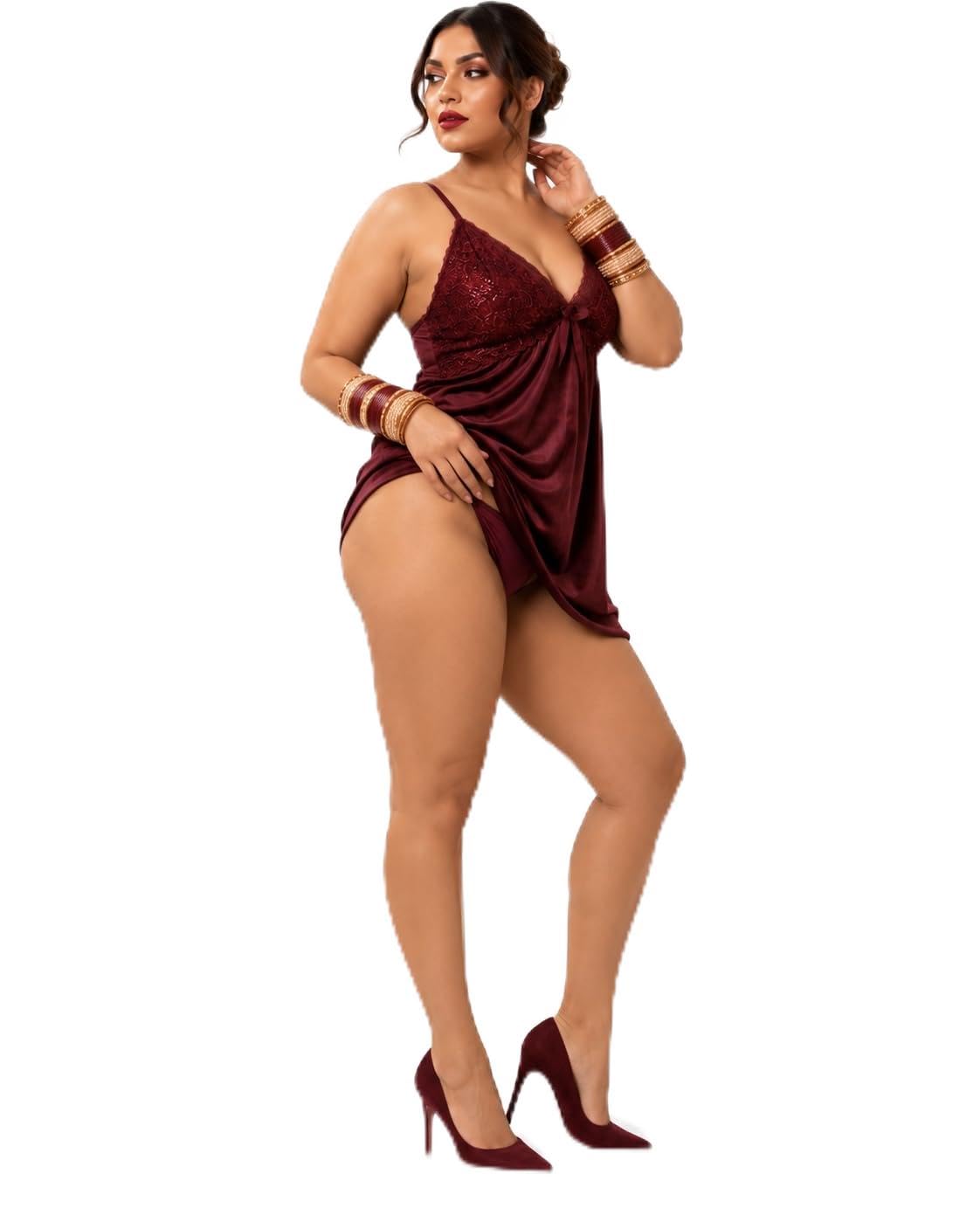 Women's Satin Babydoll Lingerie Set with Lace Bodice, Maroon-image-36