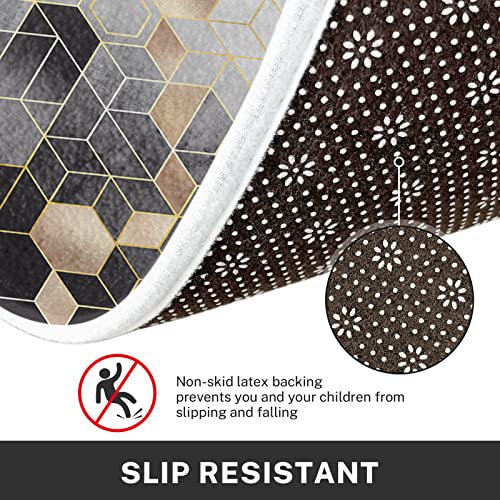 Tayney Geometric Kitchen Rugs And Mats Non Skid Washable Set Of 2, Black Grey Gold Grid Hexagon Kitchen Runner Rug, Modern Abstract Neutral Mats For Kitchen Under Sink Floor Decor #TOP4