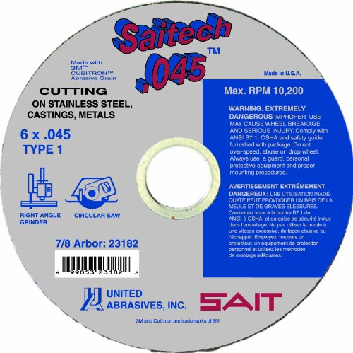 United AbrasivesSAIT 23174 Saitech™ High Performance Cut-Off Wheels (Type 1/Type 41 Flat) 4 1/2" x .045" x 7/8", 50-Pack