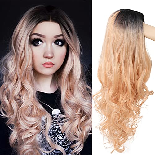 Baruisi Ombre Peach Pink Wig Long Curly Wavy Synthetic Dark Roots Wigs for Women Middle Part Costume Cosplay Wig