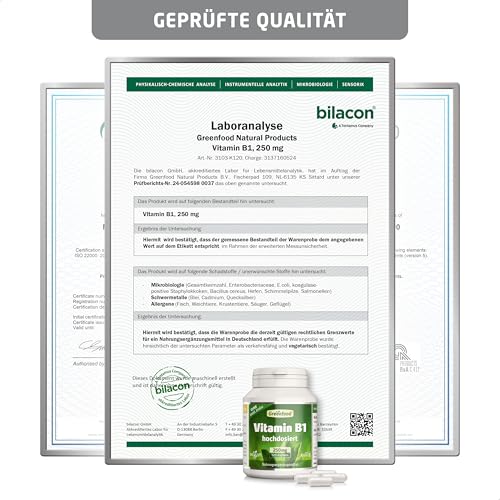 Vitamin B1, hochdosiert, 250mg - 120 Kapseln, vegan. Vitamin B 1 (Thiamin) - wichtig für Nervensystem und Energie. OHNE künstliche Zusätze - laborgeprüft. Von Greenfood.
