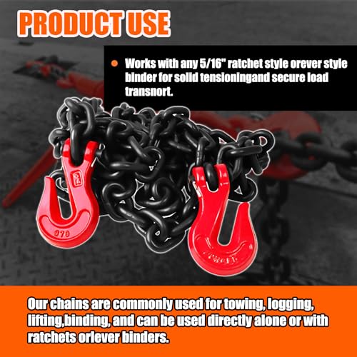 Image of G80 Transport Binder Chain 5 /16 Inch x 16 Foot | 4,900 lbs Safe Working Load | Tow Chain with Clevis Grab Hooks | Ideal for Transporting, Towing, and Binding Equipment