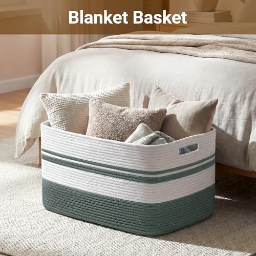 HOBASKET 75L Large Blanket Basket, 22"x17"x12"Rectangle Cotton Rope Woven Storage Basket with Handles, Laundry Hamper for Living Room, Nursery, Bedroom - Chemical-Free, Kid & Pet Safe - Sage Green - 2