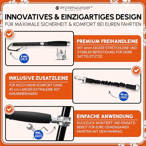 PFOTENWUNDER® Fahrradleine Hund, Hunde-Fahrradleine + 1 elastische Hundeleine & 1 Trainingsbuch, extra Dicke 6mm-Leine | Abstandhalter Fahrradhalter aus hochwertige Karbonfasern mit Stoßdämpfern