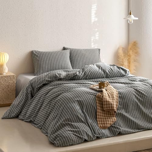 Image of Wake In Cloud - Striped Cotton Duvet Cover Set, Ticking Stripe Vertical Pinstripe Farmhouse, 100% Washed Cotton Textured Bedding Set, 3 Pieces, Gray, Full Size