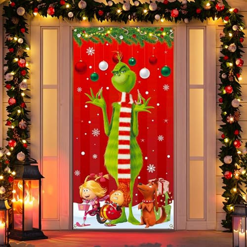 SilverChry 90x180 cm Cortina Puerta Navideña Grinch, Decoración Navidad Puerta Entrada, Funda Elástica Navideña Puerta Principal, Grinch Decoraciones Navidad (Rojo)