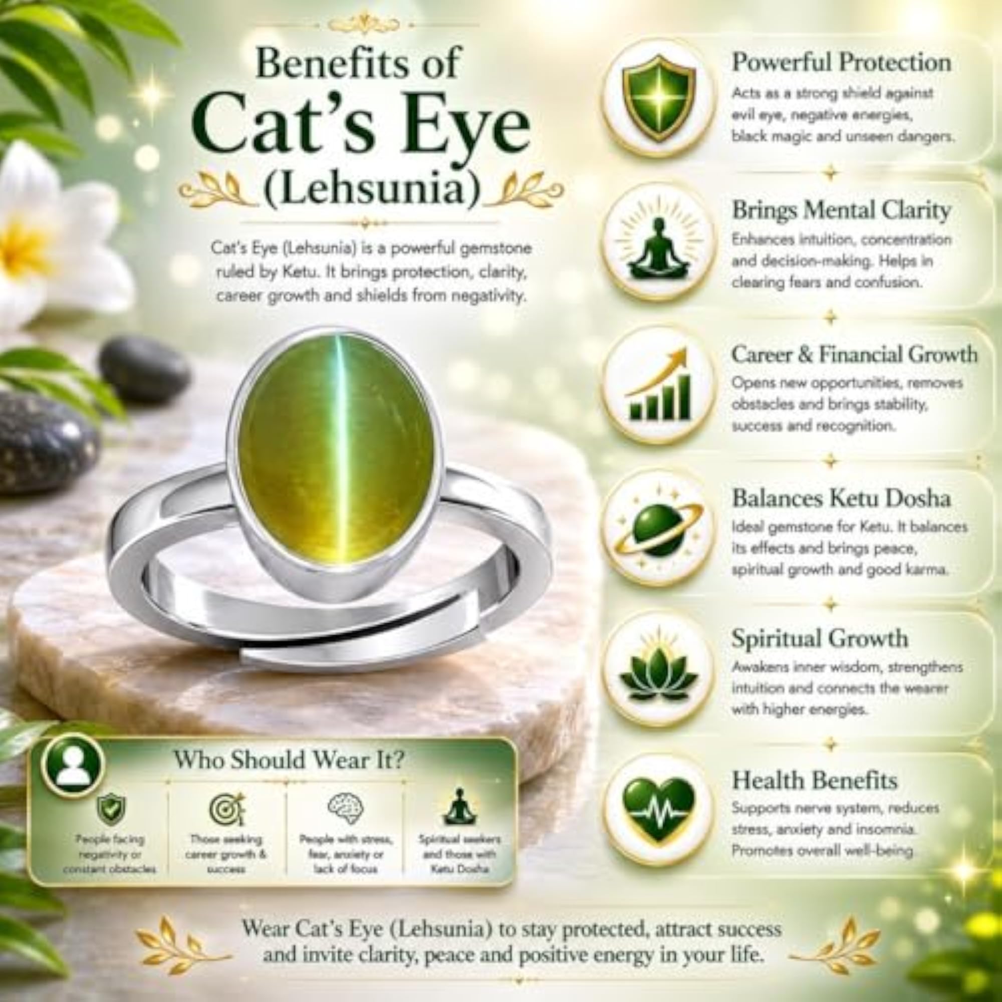 Certified Cat's Eye Lehsunia Adjustable Ring, Panchdhatu