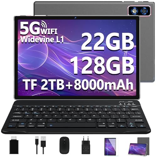 2025 Neueste Tablet 10 Zoll Android 14 tablet,22GB RAM+128GB ROM/1TB TF, Octa-Core, 2.0GHz,5G+2.4G WiFi, BT 5.0, 8000mAh, Widevine L1,8+5MP, AGPS, 2 in 1 Tablet PC Mit Tastatur und Maus - Grau
