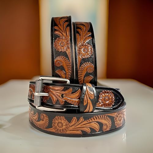 Western Floral Leather Belt for Men Women Handmade Full Grain Cowboy Cowgirl Leather Belt 1.5” Wide Embossed Tooled4