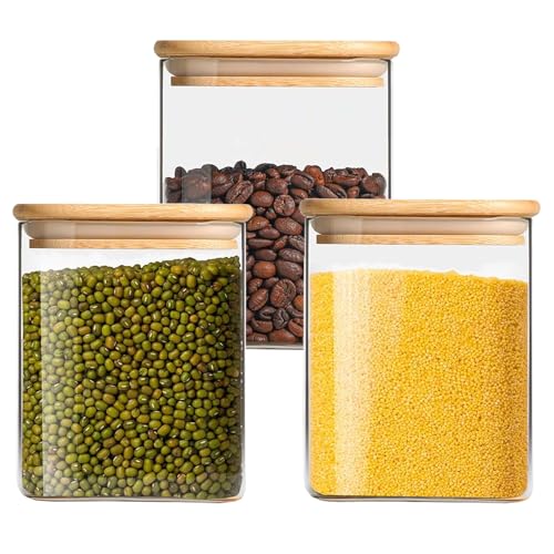 Hylruu Square Glass Storage Jars with Lids 850ML Set of 3 - High Borosilicate Glass Airtight Kitchen Food Canisters Cylinder Clear Preserving Seal Containers with Lid