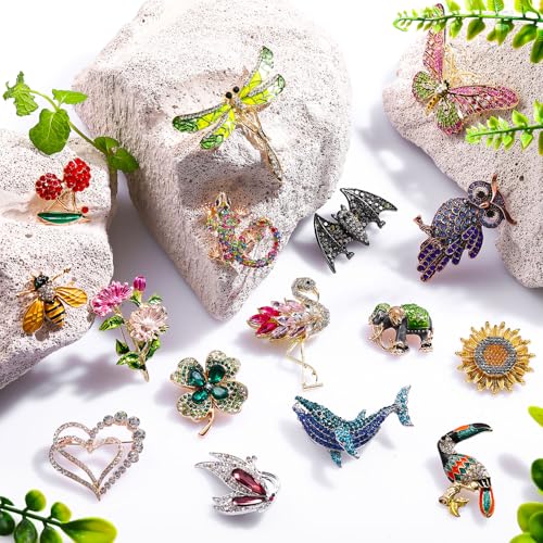 Image of Sasylvia 16 Pcs Women Brooch Set Rhinestone Vintage Animal Insect Plant Pins Brooches Bulk for Christmas Women Girls Gifts