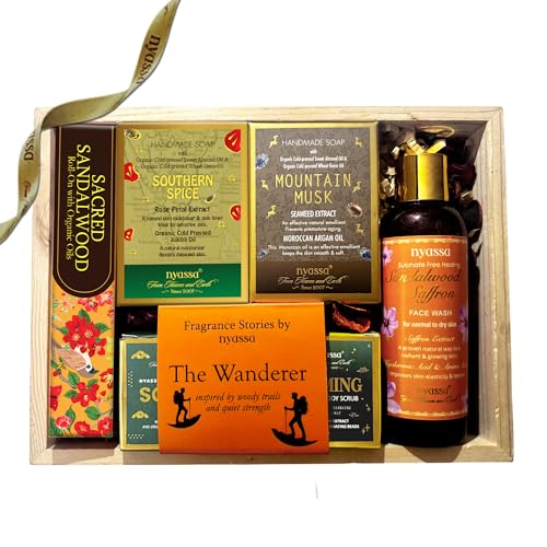 Image of Nyassa The fragrance stories by nyassa: THE Wanderer Gift set | Natural Bath and Body Care Set | Handmade Soap | Roll On | Solid Perfume | Face and Body Scrub | Face Wash