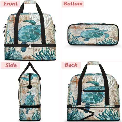 Vintage Sea Ocean Animal Turtle Foldable Travel Duffel Bag Tote Carry on Luggage Sport Duffle for Women Men Gym Bag Overnight Weekender Bags with Shoe Compartments and Shoulder Strap3