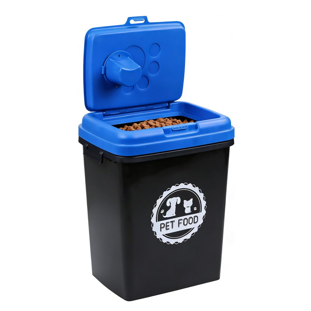 Greenfields 40L/15KG - Pet Food Storage Airtight Storage Container with Flip Top Locking System - Integrated Scoop Food Dispenser Bin, Birds, Pets, Cat, Dog, Fish, Pellet (Black/Blue)