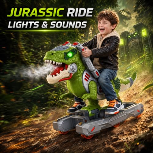 Image of Dinosaur Ride On Push Car for Little Kids, Battery Operated Push & Ride Electric Foot-to-Floor Sliding Rideable Toy Scooter with Music, Light & Smoke for Toddlers (Green)