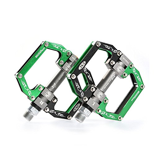 Rockbros Bicycle Pedals, Lightweight, Flat Pedals, Aluminum Alloy, Road Bike, Mtb, Platform, Anti-Slip, Bearing Seal, 9/16", Set Of 2 (Black Green) #TOP4