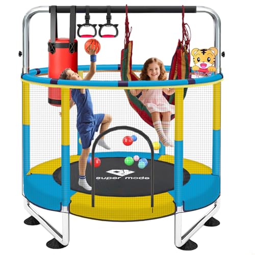55″ Trampoline for Kids - Toddler Trampoline with Adjustable Gymnastic Bar, Indoor/Outdoor Enclosure Net, No-Gap Safe Design, Up to 220 lbs, Gift for Boys & Girls (Yellow&Blue)