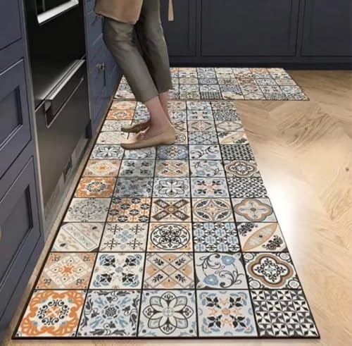 Image of HomeCloud Rectangular Kitchen Mat | Anti-Slip, Soft, Washable, Printed Designs for Floor, Kitchen & Room (6mm Thick) Pack of 2 Contain (1 Large (41 X 122 Cm) 1 Small 41 X 61 Cm) (Orange Multi)