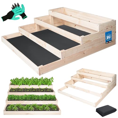 KOTARBAU Jardinera elevada para jardín, caja de cultivo, 120 x 120 cm + guantes con garras, color natural, jardinera, marco de palés, torre de plantación, kit de jardinería, jardinera grande, exterior