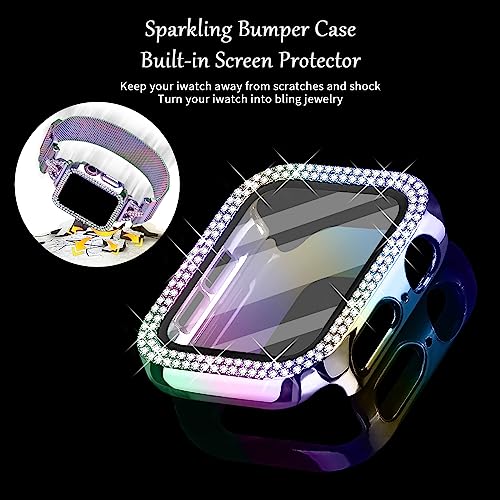 JOYOZY Magnetic Band Compatible with Apple Watch Band 38mm 40mm 41mm 42mm 44mm 45mm 46mm Milanese Strap with Bling Glitter Case Built-in Screen Protector Dressy Stainless Steel iWatch Loop for Women