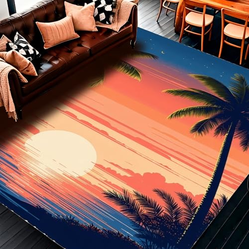 Ultra Soft Area Rug 5x7, Non Slip, Stain Resistant, Washable Area Rugs for Living Room, Bedroom, Coastal Sunset Area Rug: Tropical Palm Tree Silhouette Design (Orange, 5x7)