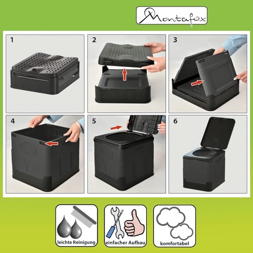 Montafox Faltbare Campingtoilette max 150 kg Mobile Toilette WC Klapptoilette Trockentrenntoilette 12 Toilettenbeuteln - Farbe: grau/schwarz