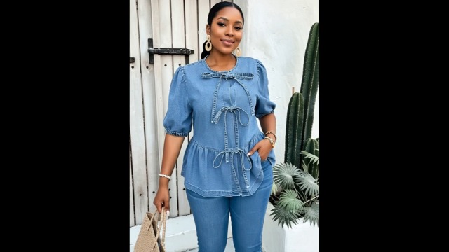 Tbahhir Women's Denim Blouse Blue Bow Tie Jean Shirt Puff Sleeves