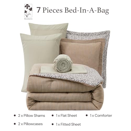 Image of BLOOMHAVEN Full Comforter Set - 7 Pieces Dark Brown Bedding Sets for All Seasons, Lightweight Breathable Bed in a Bag Full with Revesible Farmhouse Comforter, Sheets, Pillowcases & Shams