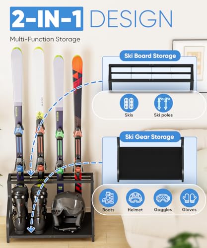 Mondazie Ski Storage Rack for Garage — Freestanding Ski Holder for 4 Pair Skis, Boot, Helmet, Goggles, Indoor Snowboard Rack Organizer Stand for Home, Shed, Basement, Black