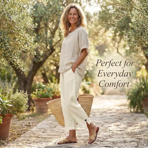 Image of Linen Pants Women 2026 Summer Beach Vacation Trousers Elastic Waist Linen Capris Pants Boho Casual Travel Pant