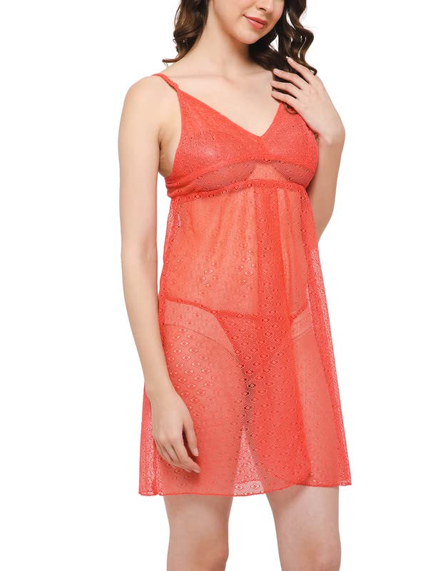 Image of Clovia Women's Lace Chic Basic Semi-Sheer Knee Length Baby Doll with Matching G-String