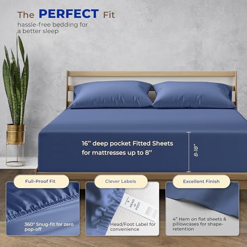 Image of THREAD SPREAD Egyptian Cotton Sheets King Size - 1000 Series High Thread Count Cotton King Size Sheets Set (4 PC, Deep Blue), 16 inch Snug Fit Deep Pocket, Sateen Weave Ultra-Soft Hotel Luxury Sheet