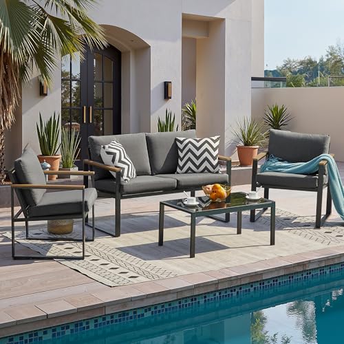 NATURAL EXPRESSIONS 4 Pieces Patio Furniture Sets,Metal Outdoor Patio Furniture Sets,Outdoor Sectional Patio Conversation Set,Wooden Anti-Scald Armrest,Sling Mesh,4