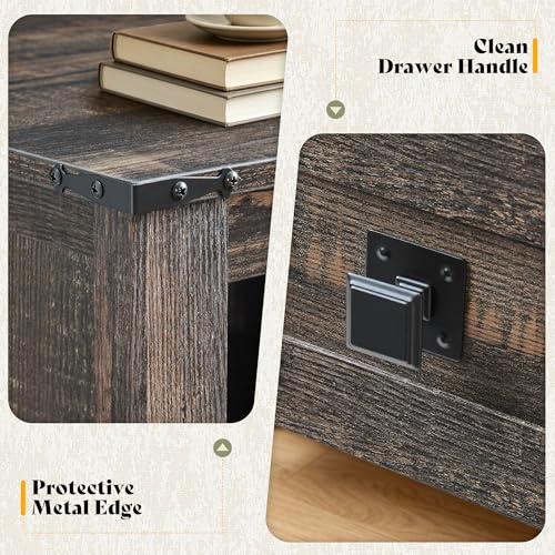 Image of AMERLIFE Farmhouse Nightstand Set of 2, Wooden Side Table with Drawers & Open Shelf, Narrow /Small Bedside End Table, Wood Night Stand for Bedroom /Dorm /Home Office, Rustic Black Oak