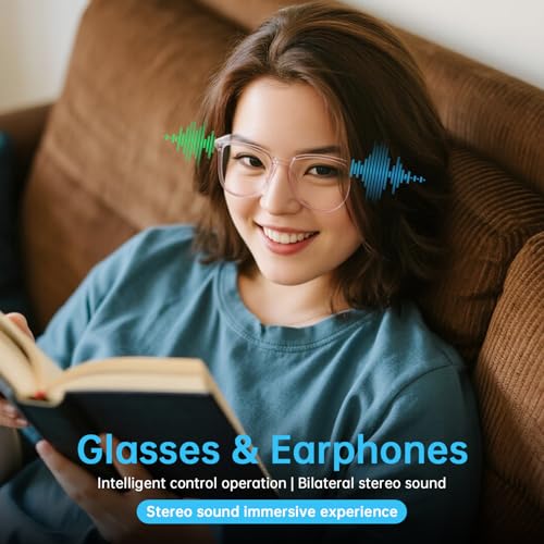 Image of GenXenon Smart Glasses for Women, Clear Frame Blue Light Glasses, Open-Ear Design, Magnetic Charging, Voice Assistant, Bluetooth Eyeglasses with Speakers, Audio Glasses for Working Driving (GS03-C)