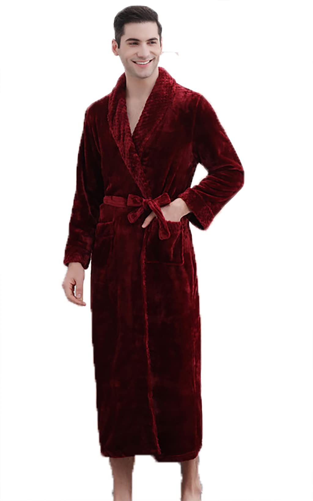 M_Soft Plush Terry Cloth Robe Long Plush sleepwear for Unisex Adult_Wine_XL, Wine, XL